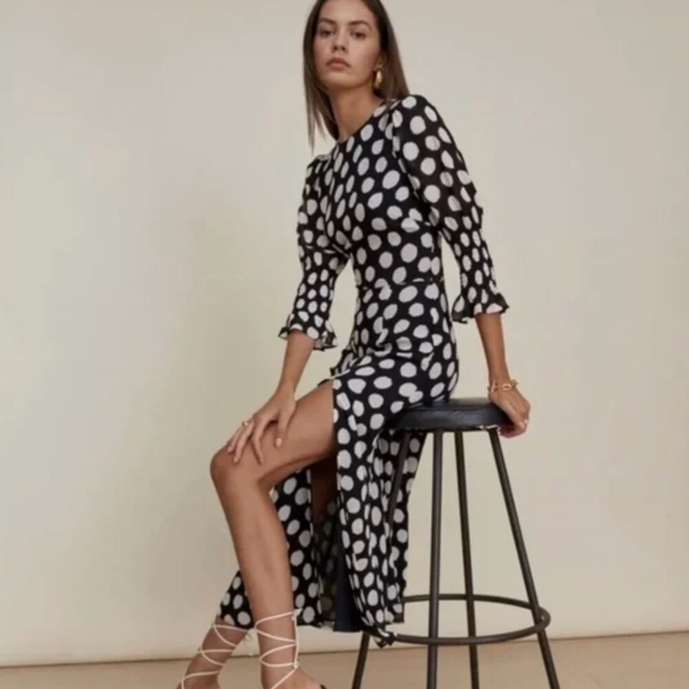 Reformation Carolena Dress - Black and White Dots, New with Tags